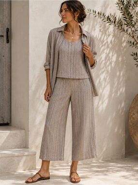 Aegean 3 Piece 100% Linen Set XS Taupe Stripe Jacket Tank Cropped Pants Coastal